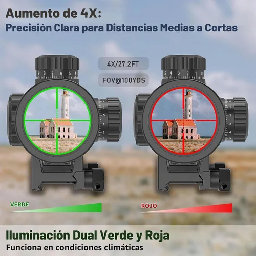 Vista 3 de UUQ Alcance de rifle compacto 4X32AO con iluminación roja/verde, ajuste de paralaje frontal, retícula mil-punto, impermeable y a prueba de niebla