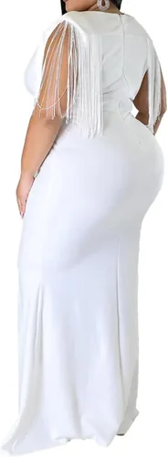 Vista 4 de Vestido ajustado de talla grande para mujer, elegante, manga con borlas, sexy, cuello en V, vestido largo para fiesta de noche