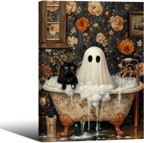 Vista 25 de Lienzo enmarcado negro para pared, póster de Halloween Dark Academia, pintura de gato negro, fantasma en la bañera, imágenes góticas de terror