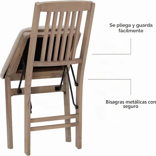 Vista 8 de Linon Keira - Juego de 2 sillas plegables de madera rústica natural con asiento tapizado beige y respaldo de misión