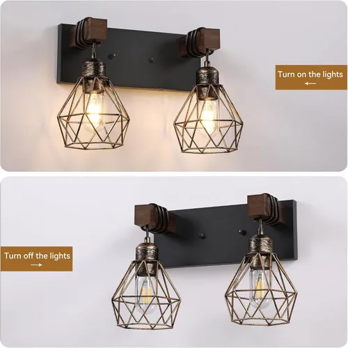 Vista 5 de Lámpara de tocador estilo casa de campo para baño, luminarias de tocador de baño de 2 luces negra dorada de madera sobre espejo, apliques rústicos