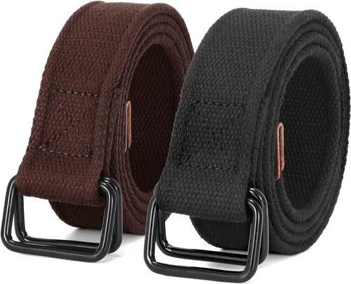 Vista 10 de JASGOOD Cinturones de tela de lona para hombre, cinturones casuales de tela con hebilla de doble anillo negro, paquete de 2