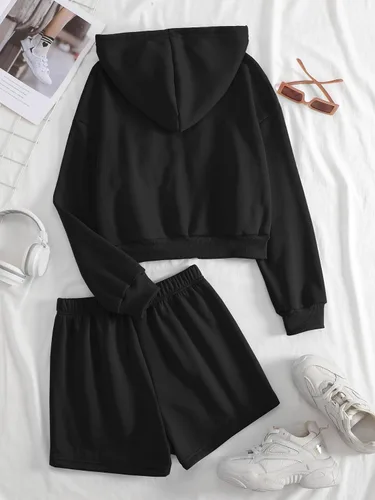 Vista 2 de Verdusa Conjunto de sudadera con capucha y pantalón corto con cremallera de 2 piezas para mujer