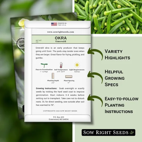 Vista 2 de Sow Right Seeds - Semillas de okra esmeralda para plantar - Paquete de reliquia sin OMG con instrucciones para plantar un huerto casero - Cápsulas
