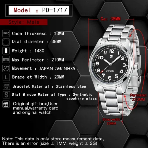 Vista 5 de Mens Watches, Pagani Design Watches for Men, 200 Meters Waterproof Watch, Stylish Stainless Steel Wristwatch, 38MM Sapphire Glass, Japanese NH35