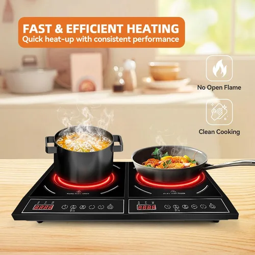 Vista 4 de 1800W Doble Inducción Cocina Compartición de Energía Portátil Quemador de Inducción Encimera Temperatura y Potencia Ajustes de Potencia Quemador