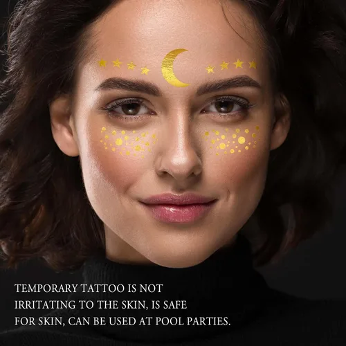 Vista 6 de 1 hoja de tatuajes faciales temporales metálicos dorados, luna celestial, estrella, pecas sintéticas, calcomanías de maquillaje, impermeables
