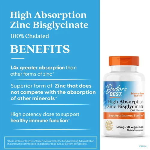 Vista 4 de Doctor's Best Bisglicinato de zinc de alta absorción, 50 mg de alta potencia que apoya la mejora del sistema inmunológico antioxidante VC, 90