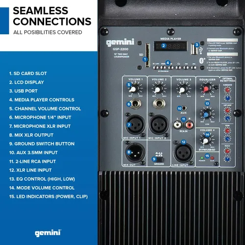 Vista 3 de Gemini - Altavoz PA alimentado de 15 pulgadas, altavoz PA Bluetooth de 2200 W con mezclador, entradas XLR, altavoces DJ activos para fiestas