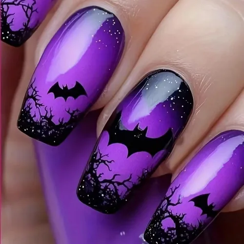 Vista 16 de Uñas postizas a presión para Halloween, cuadradas, cortas, con diseños de bosque lunar, uñas postizas con pegamento oscuro brillante en las uñas