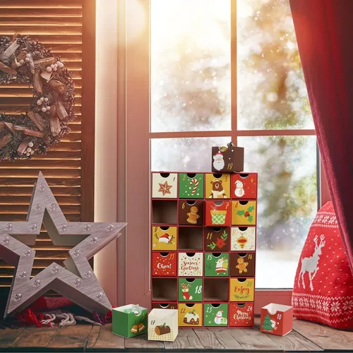 Vista 4 de LEMESO Calendario de Adviento 2025 para niños, adultos, adolescentes, decoraciones de Navidad con 24 cajones, cajas de cuenta regresiva de 24 días