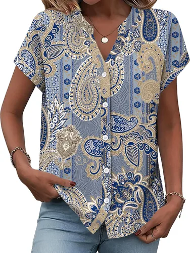 Vista 6 de Zeagoo Camisas con botones para mujer, camisetas de manga corta, cuello en V, blusas casuales de negocios
