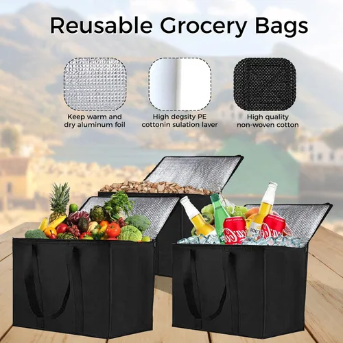Vista 2 de Longzhuo Paquete de 3 bolsas de comestibles aisladas con cierre superior, bolsas de compras negras con asas, bolsa enfriadora plegable reutilizable