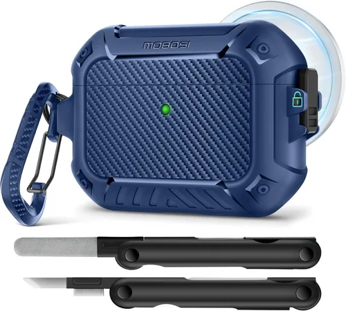 Vista 13 de MOBOSI Funda para Airpods Pro 2, compatible con AirPods Pro de 2ª/1ª generación con bloqueo, llavero y kit de limpieza, carcasa rígida protectora a