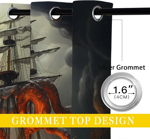 Vista 4 de Cortinas opacas de pulpo náutico para niñas y niños, decoración del hogar, con ojales de animales piratas del océano Kraken, cortinas