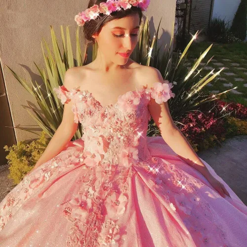 Vista 26 de Ftupza Preciosos vestidos de quinceañera florales 3D vestidos de tul hinchados para mujeres fuera del hombro vestido de fiesta largo FFtu09
