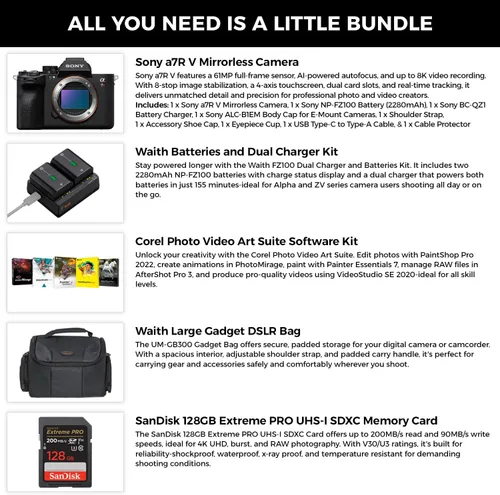 Vista 2 de Sony a7R V - Cámara digital sin espejo, negro, 61MP de marco completo, kit de software Sony bundle includes dual charger, 128GB SDXC memory card