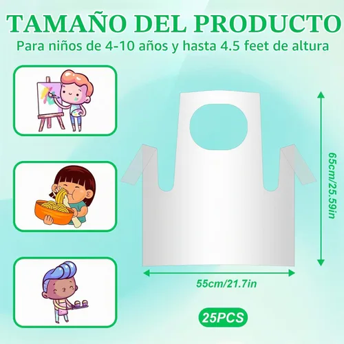 Vista 2 de Vin Beauty 25 delantales de arte desechables para niños, delantales de plástico transparente, desechables, impermeables, a prueba de aceite