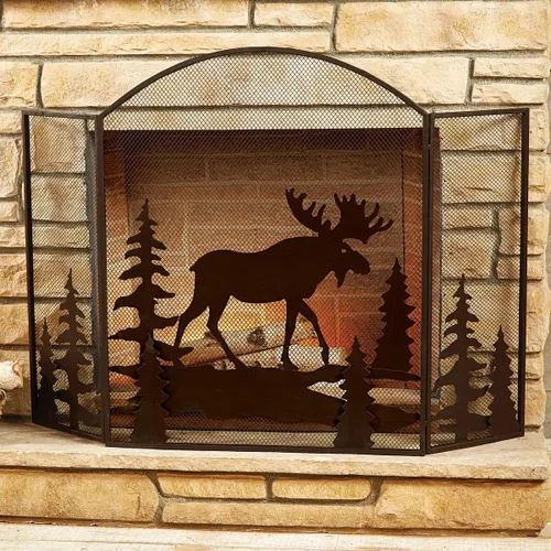Vista 4 de BLACK FOREST DECOR Pantalla de chimenea de escena de cabina - Panel de malla metálica de pino - 44.5 x 31.5 pulgadas
