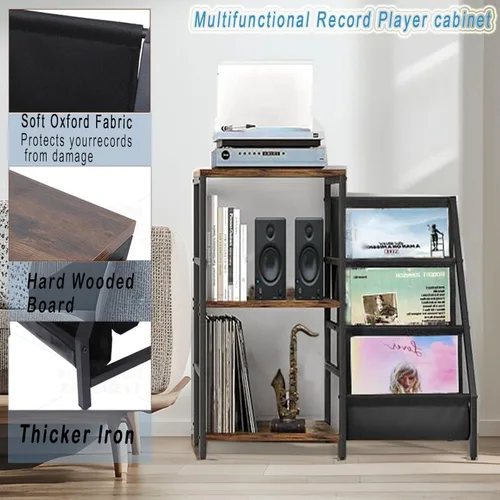 Vista 4 de Soporte para tocadiscos, soporte para tocadiscos con almacenamiento de discos de vinilo, soportes para tocadiscos, mesa auxiliar marrón para sala