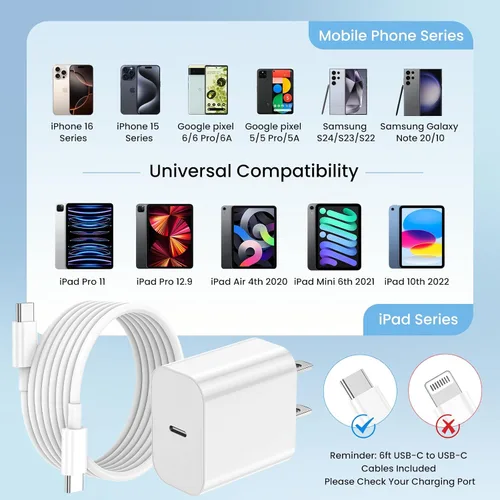 Vista 10 de Cargador para iPhone de carga rápida de 20 W, paquete de 3 con cable USBC a USBC de 6 pies iPhone 17 Charger for Home, Office & Travel, USB C