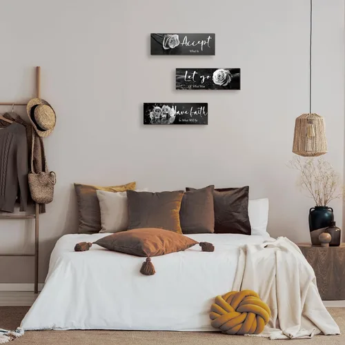 Vista 5 de ZINYAZHE 3 Piezas de Decoración de Pared en Blanco y Negro, Arte de Pared Inspirador de Flores de Madera, Rosas Blancas para Baño, con Frases Rosa