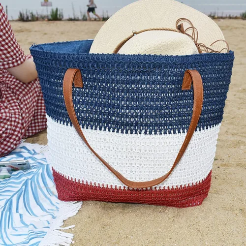 Vista 90 de Bolso grande de paja para mujer, tejido de ratán, bolso de playa de verano, a rayas