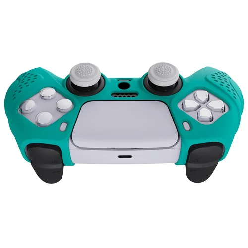 Vista 8 de eXtremeRate PlayVital Guardian Edition Aqua Green Ergonomic Soft Anti-Slip Controller Silicone Case Cover for ps5, Rubber Protector Skins with White
