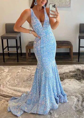 Vista 4 de Vestido de fiesta de lentejuelas brillantes para mujer, vestido largo de sirena sexy con cuello en V, vestido de cóctel sin espalda, vestido