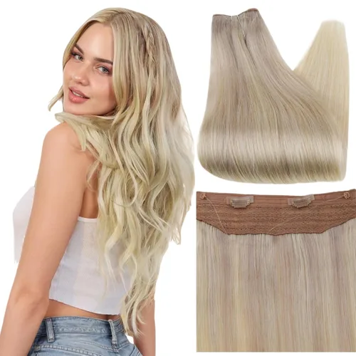 Vista 38 de Fshine - Extensiones de cabello con hilo invisible de 12 pulgadas, color rubio ceniza con reflejos de rubio decolorado, pieza de cabello humano real