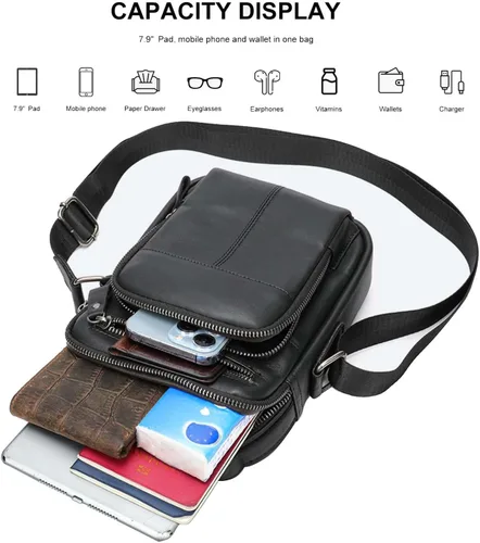 Vista 2 de PRELITER Bolso cruzado de cuero genuino para hombre, bolso de hombro de cuero genuino para hombres para negocios y actividades al aire libre