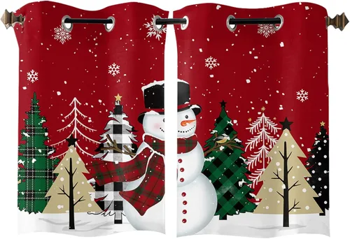 Vista 2 de Libaoge Cortinas de Navidad para cocina, dormitorio, juego de 2 paneles, diseño de muñeco de nieve de Navidad, cortinas de invierno con copos