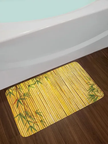 Vista 2 de Lunarable Tapete de baño con temática asiática, fondo de bosque de color amarillo, ramas de árbol, escena exótica, arte pacífico, tapete de felpa