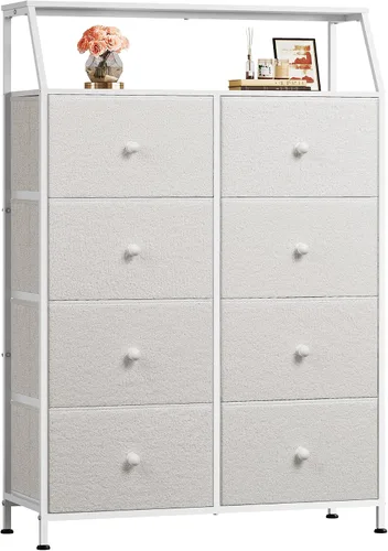 Vista 13 de WLIVE Torre de almacenamiento de tocador de 8 cajones de tela beige Bouclé para dormitorio