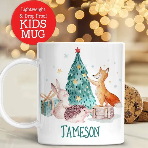 Vista 3 de Taza de Navidad personalizada con nombre de Fox para niños, polímero ligero