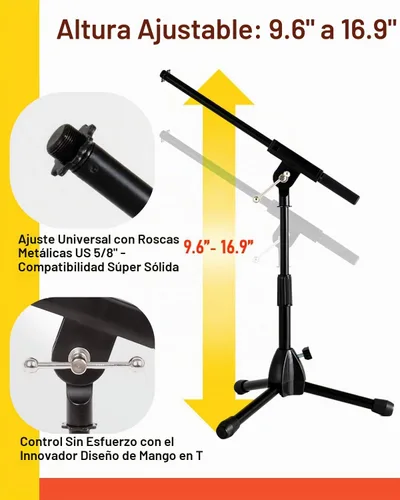 Vista 5 de Stage Rocker Soporte de micrófono de trípode plegable de bajo perfil con boom - Altura que se extiende de 9.6'' a 16.9'', con brazo telescópico