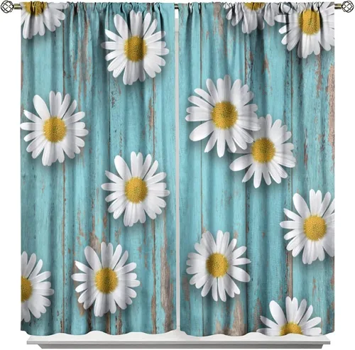 Vista 26 de Cortinas de cocina rústicas y florales, estilo retro, estilo granja, cabaña, casa de campo, margaritas, estilo granja, ventana, puerta