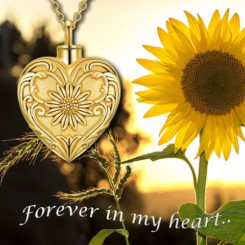 Vista 6 de SOULMEET Joyería de cremación de flores para cenizas, collar de urna de corazón de girasol chapado en plataoro para cenizas, mujeres y hombres
