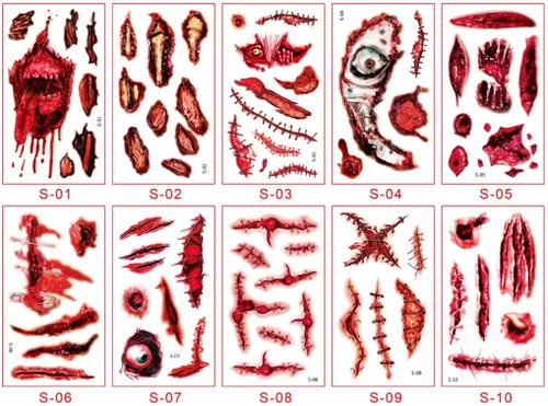 Vista 3 de Kit de sangre falsa Halloween tatuaje pegatinas herida gasa (Blood+Tatuaje S)