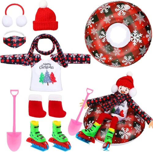 Vista 6 de Jenaai Conjunto de 9 Piezas de Accesorios Navideños Ropa Navideña Incluye Tubo de Nieve Inflable, Orejeras, Bufanda, Suéter, Bota, Máscara