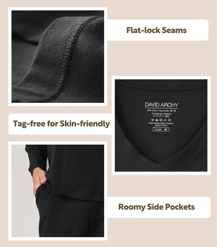 Vista 4 de DAVID ARCHY Conjunto de pijama para hombre, de algodón suave, de manga larga, cómodo, con bolsillos