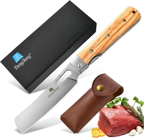 Vista 7 de ZhengSheng Cuchillo de chef plegable 4.8" Ultra afilado con hoja de acero inoxidable 440A, mango de oliva natural, cuchillo de cocina estilo japonés