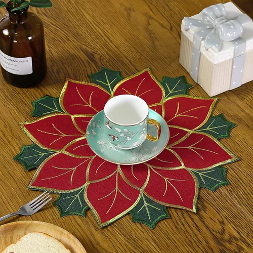 Vista 3 de Juego de manteles individuales de Navidad de 16 pulgadas, manteles individuales de flor de pascua con bordados y hojas verdes, manteles individuales