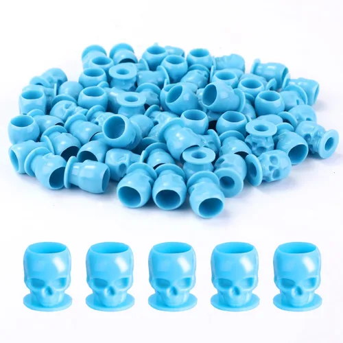 Vista 8 de Tapas de tinta de tatuaje, vasos desechables de tinta de tatuaje de calavera, 200 unidades, tapas de tinta de plástico para tatuajes, maquillaje