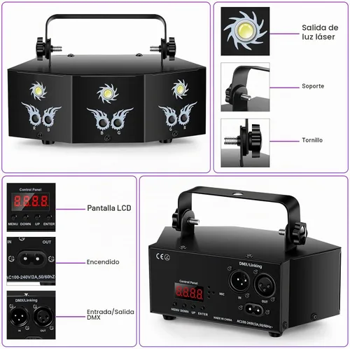 Vista 3 de U`King Luces de fiesta DJ Disco, 9 lentes, soporte de iluminación de escenario DMX512 y sonido activado con control remoto, luces láser