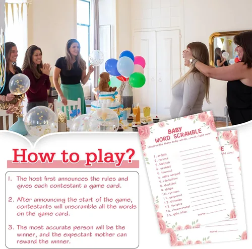 Vista 6 de OLOUTAB 50 Juegos de Baby Shower para Niña - Juego de Palabras con Tema Floral, Cartulina Gruesa, Divertido y Fácil de Jugar (Con Respuesta)