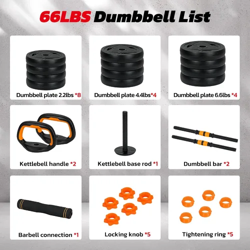 Vista 8 de Juego de mancuernas ajustables, juego de pesas de 66 libras, juego de mancuernas 4 en 1 con conector para barra, pesas rusas, soporte de flexión