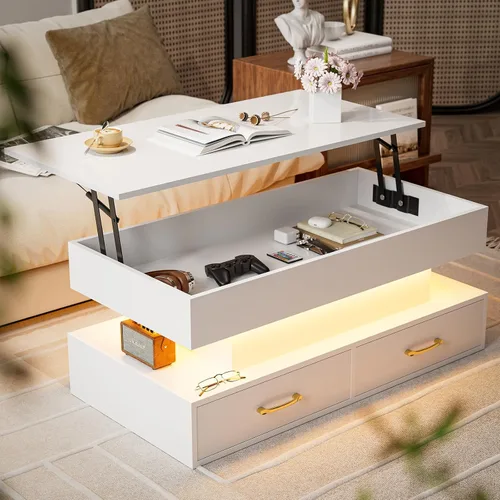 Vista 8 de IKIFLY Moderna mesa de centro LED elevable, alto brillo con compartimento oculto y 2 cajones, parte superior elevadora para sala de estar