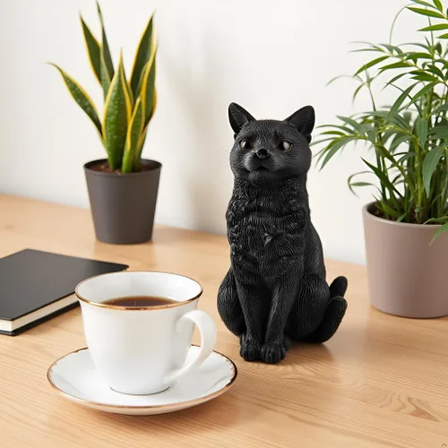 Vista 3 de JFSM INC. Figura pintada a mano de gato negro sentado – Estatua de gato de resina de 5 pulgadas, relleno de calcetín navideño, regalos para amantes