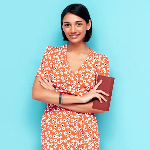 Vista 5 de Cartera de piel auténtica para mujer con bloqueo RFID, tarjetero triple para mujer, con ventana de identificación